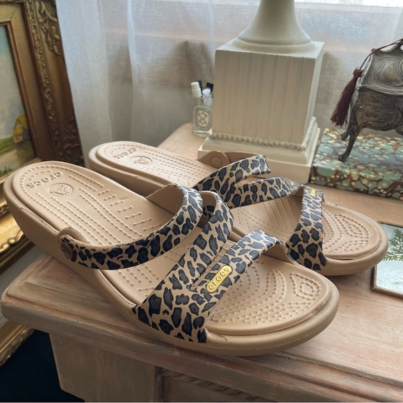 CROCS Shoes - Rare Crocs leopard kadee animal print slide wedge platform sandals beach summer